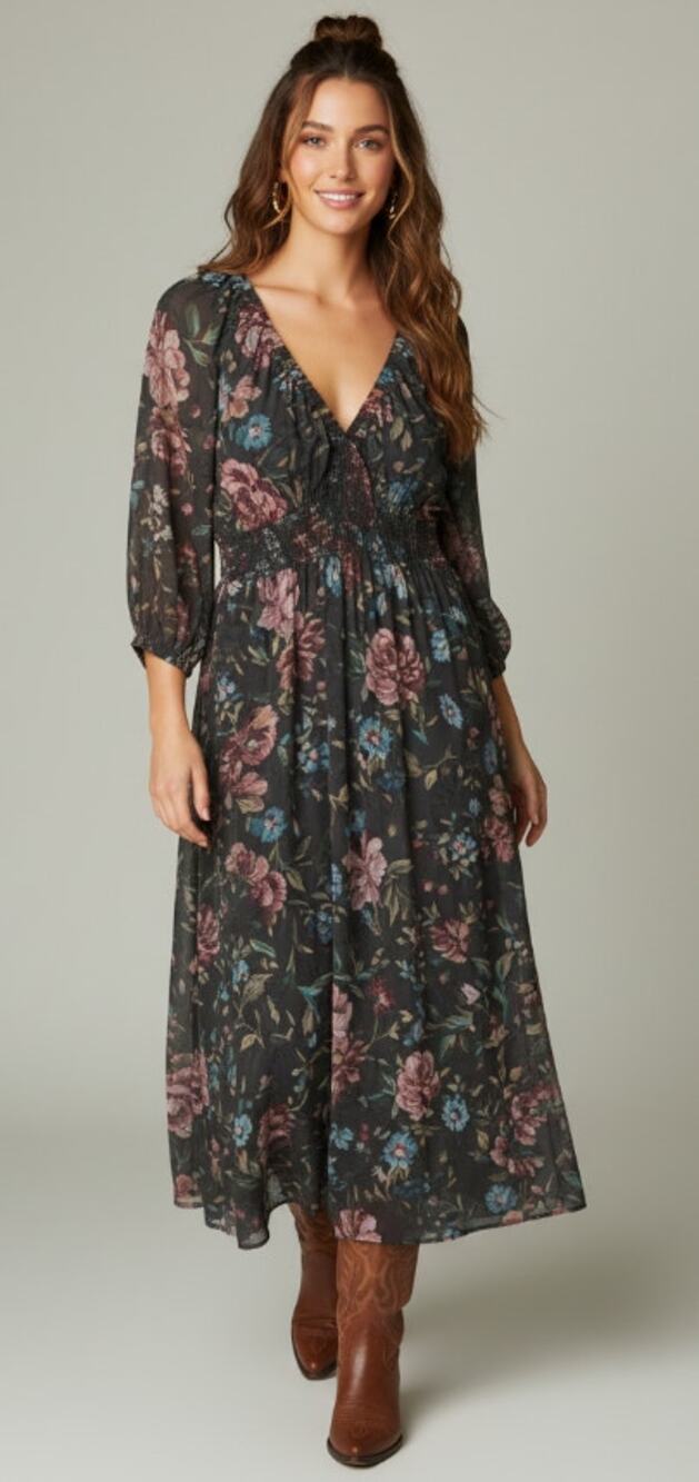 TORRID Maxi V-Neck Raglan-Sleeve Dress Black Floral Size 00 Medium 10 Boho